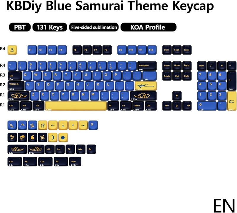 YMKPVR KBDiy Blue Samurai Keycaps 75 Percent KOA Profile,Five Sides Dye-Sublimation PBT Retro Custom Keyboard Keycap,131 Keys Cap Set for Cherry Gateron MX Switches Mechanical Keyboards - Image 3